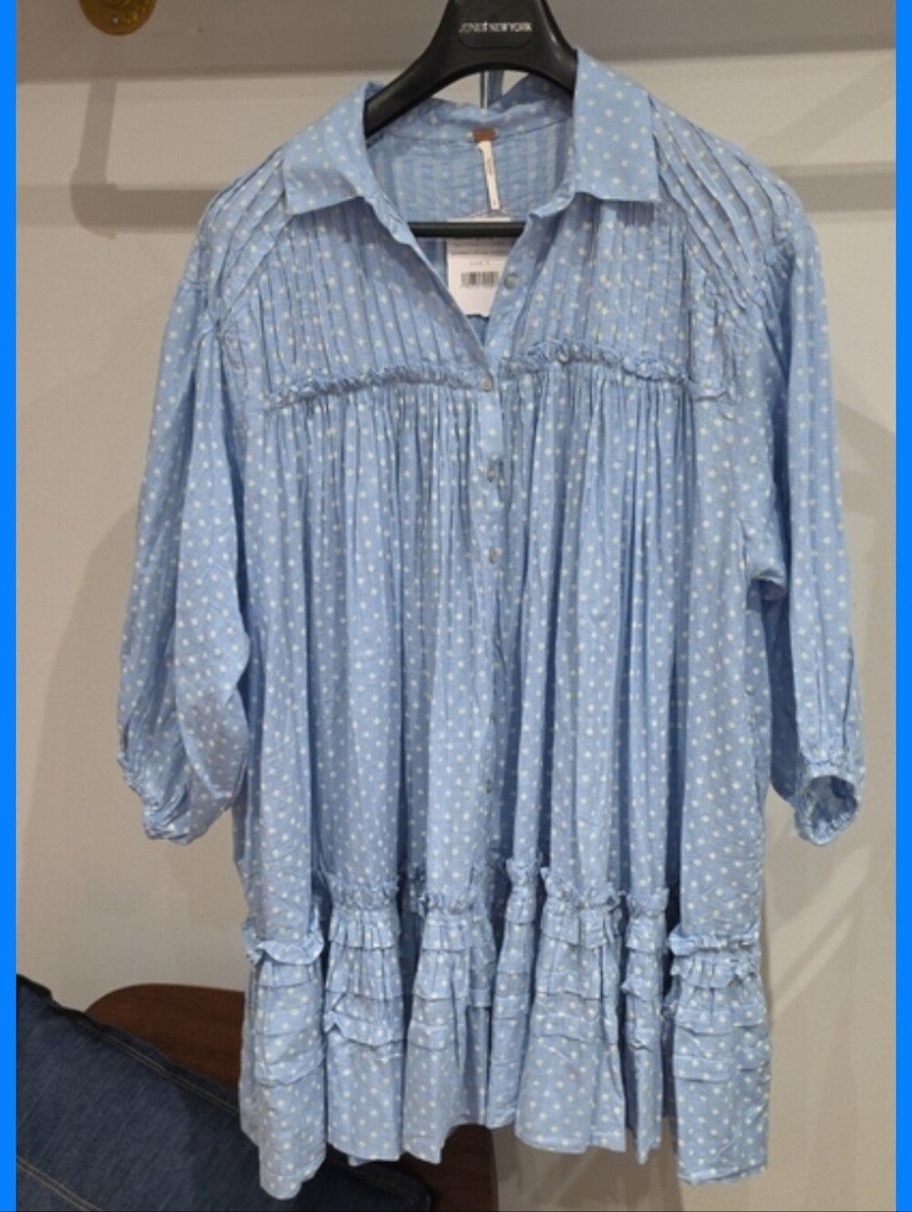 Light Blue Dot Print Peasant Blouse - Picture 3 of 7